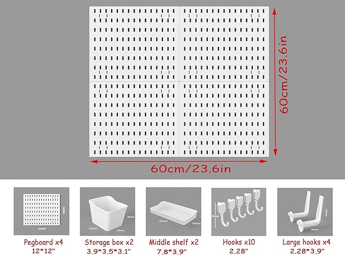 12 * 12in Pegboard Set, DIY Pegboard Combo Kit, Wall-Mounted Storage Organizer, Includes 4 pegboards and 18 Accessories, Suitable for Office, Gaming Room, Kitchen, and Decorative Display (White)