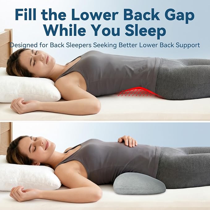 Adjustable Height Lumbar Support Pillow for Sleeping, Ergonomic Contour Lower Back Pillow for Bed with Breathable Washable Cover, Spine Alignment & Sleep Comfort, Grey