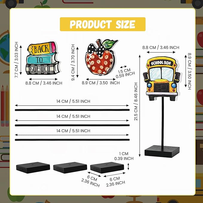 Smile Back to School Wooden Desktop Decor School Bus, Apple & Book Stack Table Signs - Classroom & Home Shelf Accents Gifts for Kids, Teachers