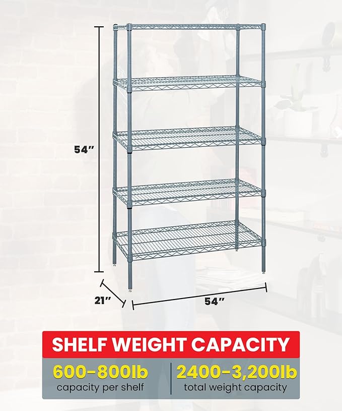 Quantum Storage Systems WR54-2154GY-5 Wire Shelving 5 Shelf Starter Units, 21" x 54" x 54", Gray Epoxy