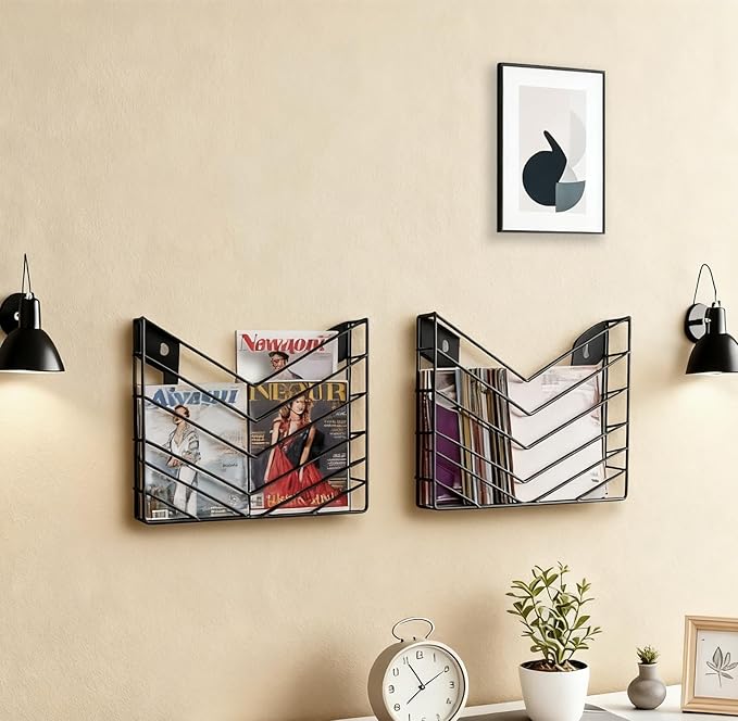CROISSANT Black Wall Mounted File Organizer,Metal Magazine Basket, Concave Wall Mounted Magazine Rack, Suitable for Hanging File Folders for Office Living Room (Black, 1 Pack)