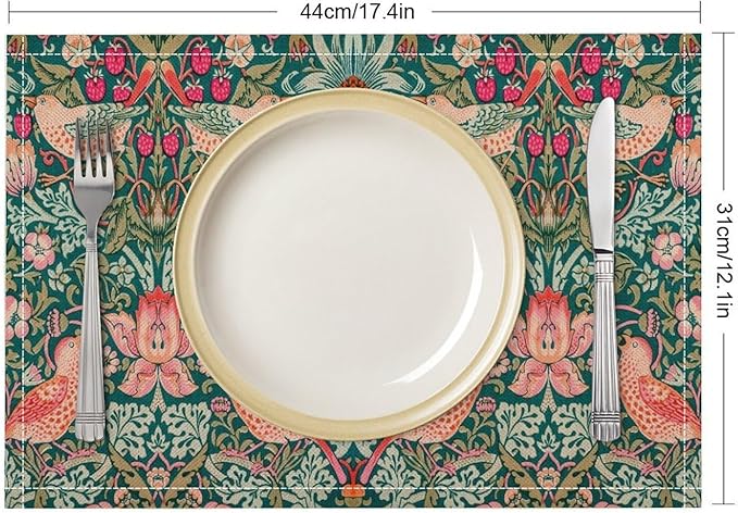 Vintage William Morris Placemats Strawberry Thief Botanical Art Vintage Floral Linen Washable Table Mats Stain Heat-Resistant Desktop Decor Place Mats for Home Kitchen Dining Party 12x18 in 6 Pcs