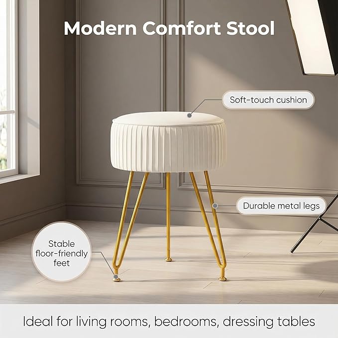 Velvet Vanity Stool, Modern Ottoman Foot Rest Stool with Adjustable Golden Legs, Makeup Chair for Vanity, Multifunctional Small Vanity Chair for Bedroom, Beige