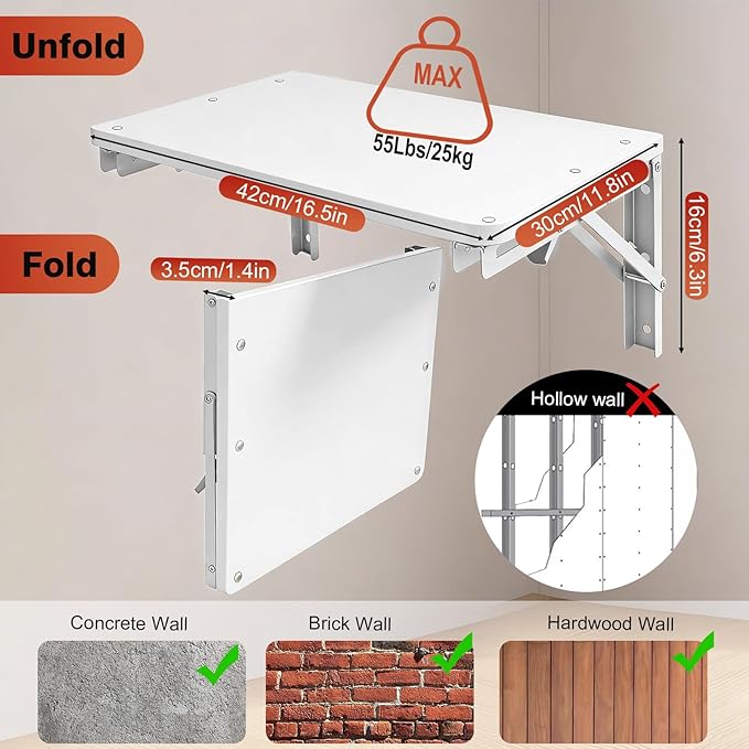 HWMYD Folding Table Wall Mounted for Small Space, Wooden Wall Shelf for Living Room Bedroom Decor, Home Office Floating Fold Down Desk, Media Shelves with Heavy-Duty Brackets Holds Up to 55lbs, White