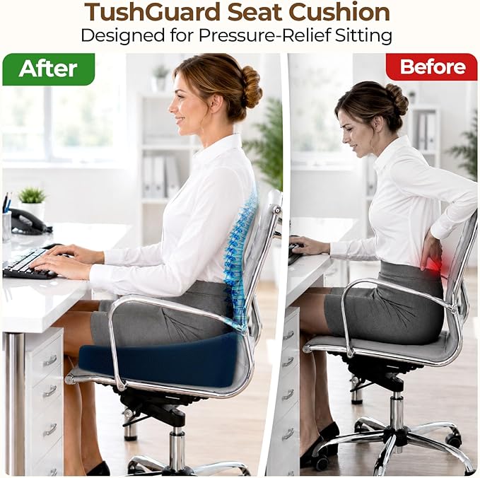 TushGuard Ergonomic Donut Pillow Seat Cushion with Raised Rear Support, Large Memory Foam Cushion for Tailbone, Hemorrhoids & Sciatica Relief, Office Chair, Car, Travel, Postpartum, Blue
