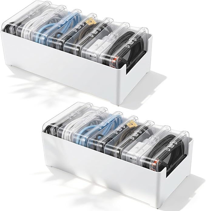 2 Set Cable Organizer Box with 14 Clear Switch Case, Desktop Charger Cord Storage Organizer Box, Charger Cable Organizers for Home Office Desk Accessories Wire Organization Stationery Supplies (White)