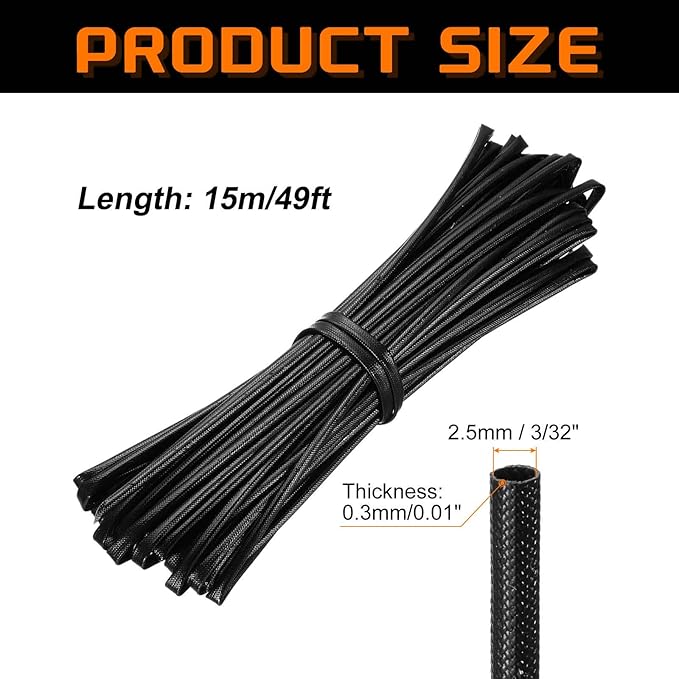 MECCANIXITY 49ft Braided Cable Sleeve, 3/32" ID 200C Heat Resistant 1500V Fiberglass Wire Insulation Cord Protector Organizer Wires Management for Motor Engine Fuel Line, Black
