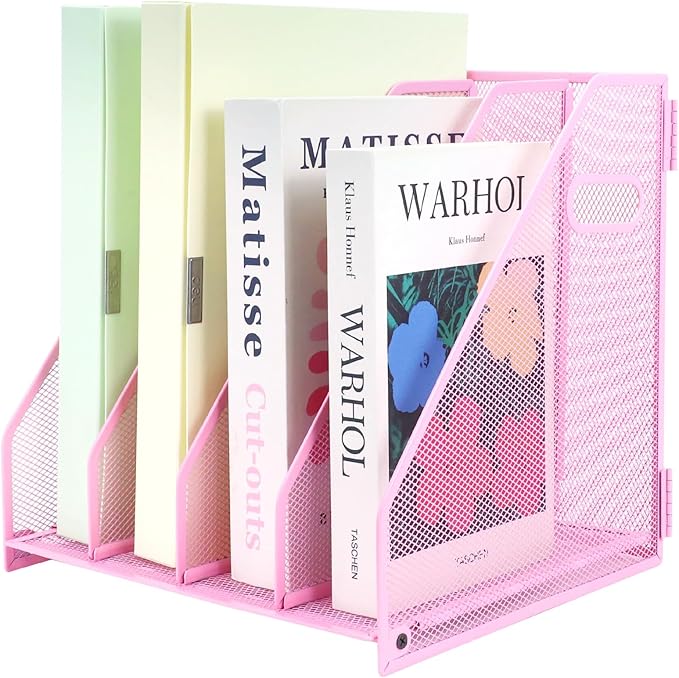 Desk Organizers Metal Magazine File Holder Racks Desktop Folder Storage Binder Organiser Document Organization for Home Office & Classroom,4 Vertical Compartments-Pink