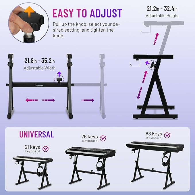 CAHAYA Keyboard Stand Piano Adjustable - Z Style Piano Stands Heavy Duty Stable and Portable with Height and Width Adjustable Fits for 54 61 76 88 Keys Electric Pianos Black