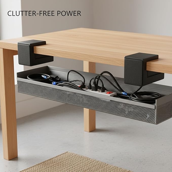 Under Desk Cable Management Tray, No-Drill Metal Mesh Cord Organizer Basket for Power Strips, 15.7 x 2.4 Inch, Gray
