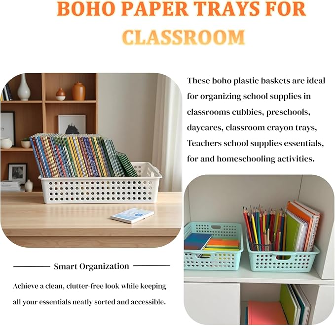 RAUVOLFIA 6 Pack Plastic Turn in Paper Trays for Classroom, Colorful Storage Bin Basket Organizers for School Supplies, Classroom Organization and Storage Tray Holds 4A Paper (Boho)