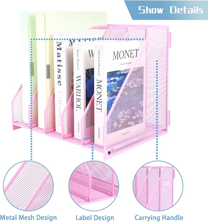 Desk Organizers Metal Magazine File Holder Racks Desktop Folder Storage Binder Organiser Document Organization for Home Office & Classroom,5 Vertical Compartments-Pink