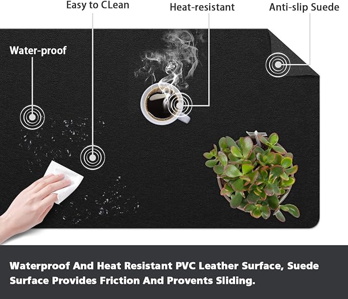 Leather Desk Pad Protector Large Mouse Pad Office Desk Mat Non-Slip PVC Leather Desk Blotter Laptop Desk Pad Waterproof Desk Accessories Organizer for Office Women Men Kids (Black,24" x 48")