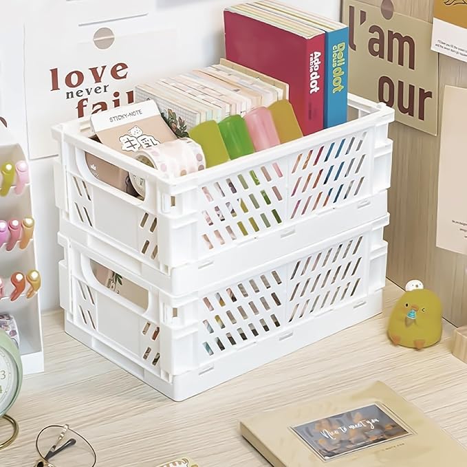 Tobeso-Nuoze Pastel Plastic Storage Baskets 2 Pack, Collapsible Crates for Organizing, Space-Saving Bins for Kitchen, Office, Bedroom (Purple, Medium:9.8" x 6.5" x 3.8")