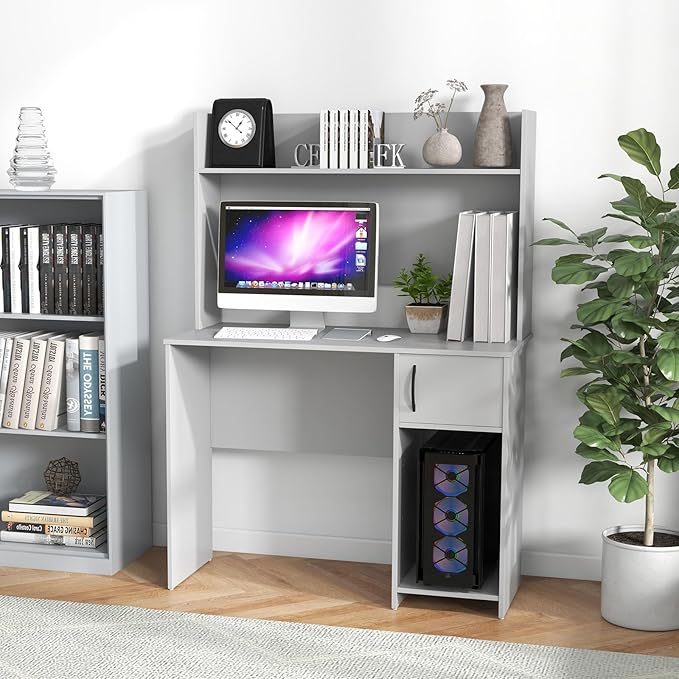 Giantex Computer Desk with Hutch, Home Office Desk with Storage Cabinet & Adjustable Shelf, 2 Cable Holes, Modern Laptop PC Desk Computer Workstation for Working, Study Writing Desk for Bedroom, Gray