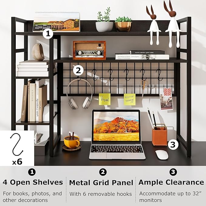 COSTWAY Desktop Bookshelf for Monitors up to 32", 37" x 10" Countertop Organizer with 4 Open Shelves, Grid Panel with 6 Hooks, Anti-Tip Safety Kit, and Adjustable Feet for Home Office (Black)