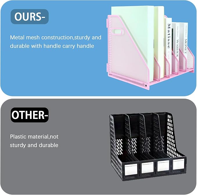Desk Organizers Metal Magazine File Holder Racks Desktop Folder Storage Binder Organiser Document Organization for Home Office & Classroom,5 Vertical Compartments-Pink