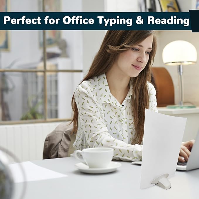 Paper Holder for Typing, White Document Holder for Desk with Weighted Base and Clip, Compact Paper Stand for Reading, Notes, Forms, and Office Computer Work