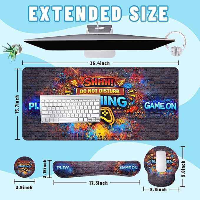 Gaming Desk Mat Set Neon Graffiti Do Not Disturb Large Mouse Pad with Wrist Rest 4in1 Desk Mat for Desktop Ergonomic Computer Desk Arm Wrist Anti-Slip Computer Mouse Pad Home Office Gaming
