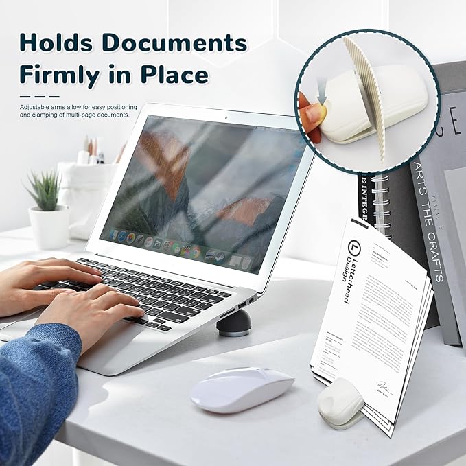 Paper Holder for Typing, White Document Holder for Desk with Weighted Base and Clip, Compact Paper Stand for Reading, Notes, Forms, and Office Computer Work