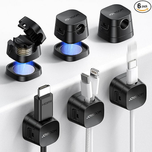 JOYROOM Detachable Magnetic Cord Organizer w/Secure Snap-Lock, 2-in-1 Adhesive& Magnetic Cable Clips, Auto-Fit Spring Management for φ1.5~8mm Cables, Under Desk Nightstand Home Office Car Wire Keeper
