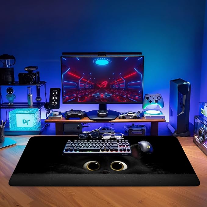 Cat-Inspired Extended Gaming Mouse Pad 35.4 x 15.7 Inch – Large Desk Mat for Gaming, Office Work, and Study, with Non-Slip Rubber Base, Smooth Cloth Surface, and Stitched Edges