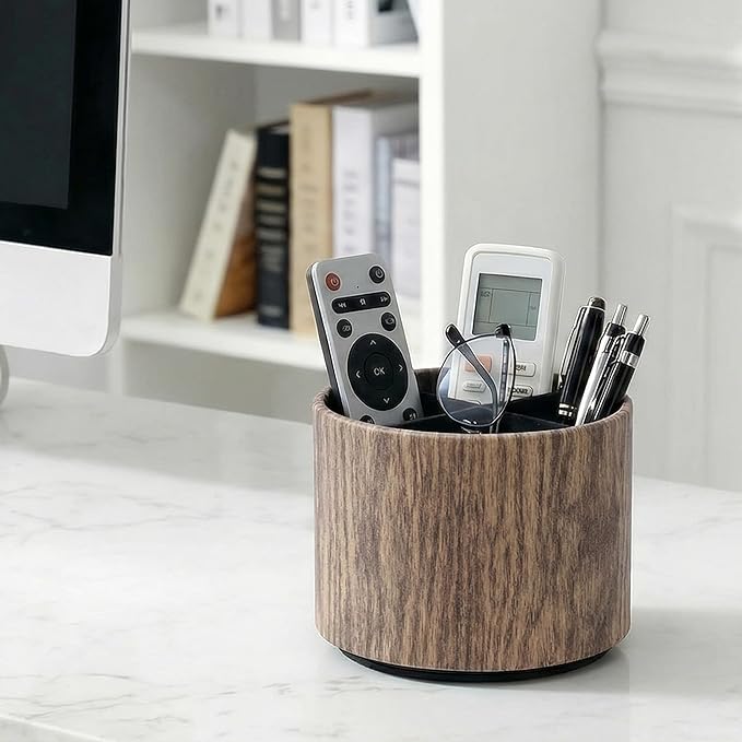 Round Leather Art Supply Organizer,Remote Control Holder,360 Degree Spinning,Multi-Functional Pencil Holder,4 Compartments Desktop Stationary Organizer(1-Thin Wood Brown)