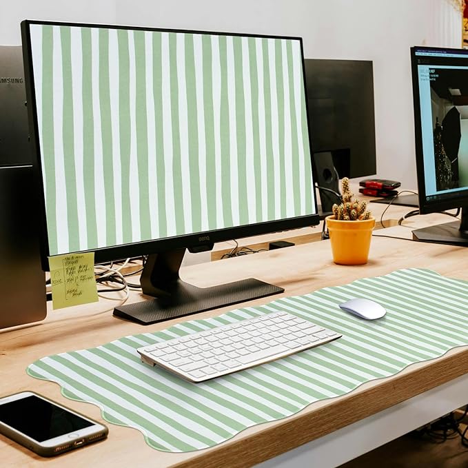 L-SPOUTTO Green Striped Mouse Pad,Scalloped Desk Mat XXL Large Geometric Gaming Mousepad,35.4x15.7in Non-Slip Rubber Base Keyboard Pad Waterproof Desktop Mat for Laptop Computer Game Home Office