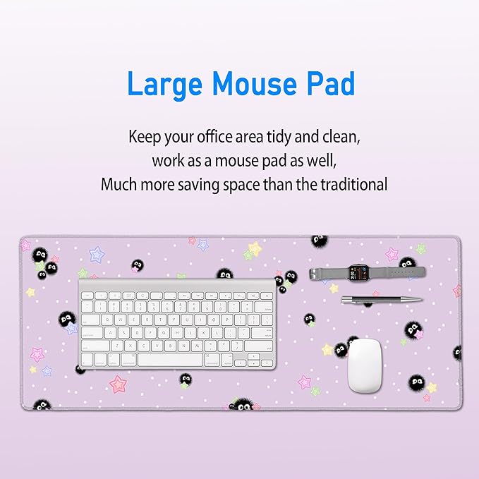 Cute Purple Mouse Pad,Large Kawaii Gaming Desk Mat(80x30cm),Star Sea Urchin Anime Lilac Decor Mousepad for Girls Women,Pastel Lavender Extended Girly Deskmat with Stitched Edges,31.5x12in