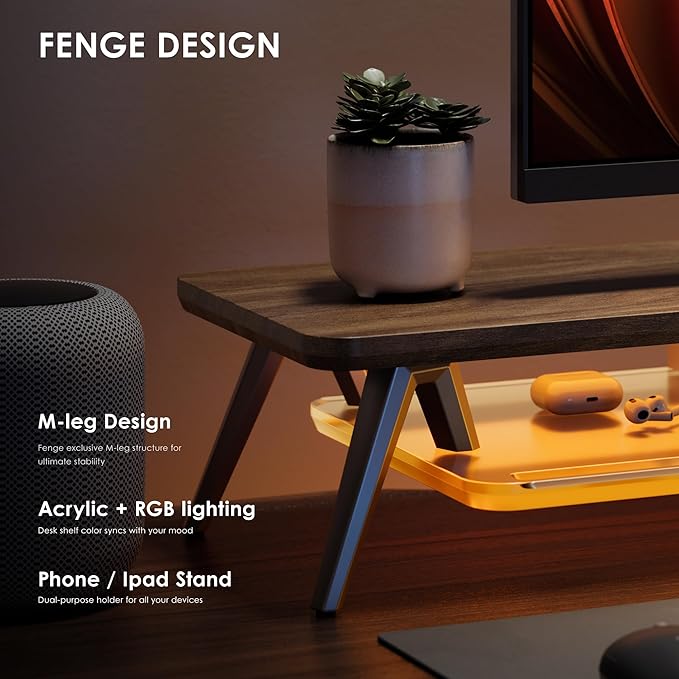 Fenge Dual Monitor Stand with 8-Mode LED Lights, 5.7" H Computer Monitor Riser with Acrylic Shelf & Aluminum Legs, Stable Desk Shelf Organizer for Computer Laptop Home Office & Gaming, Brown