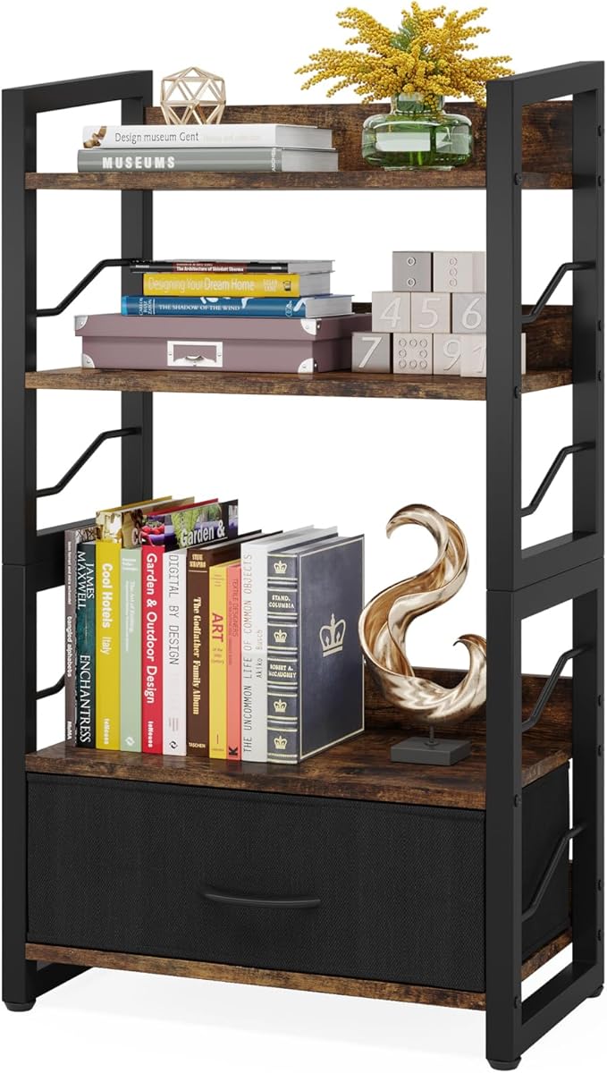 Hosfais Small Bookshelf with Drawer: 4-Tier Wood Book Shelf Industrial Narrow Bookcase Storage Organizer Metal Stackable Shelves for Desktop Bedroom Living Room Home Office (Rustic Brown)