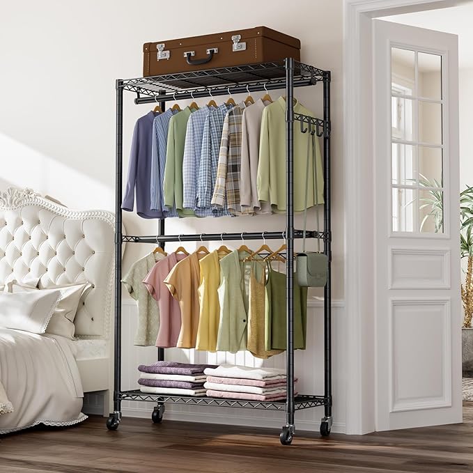 Heavy Duty Clothes Rack Rolling Garment Rack,2 Tier Adjustable Wire Shelving Clothing Racks for Hanging Clothes with Double Rods&Side Hooks,Freestanding Wardrobe Storage Rack Metal Portable Closet