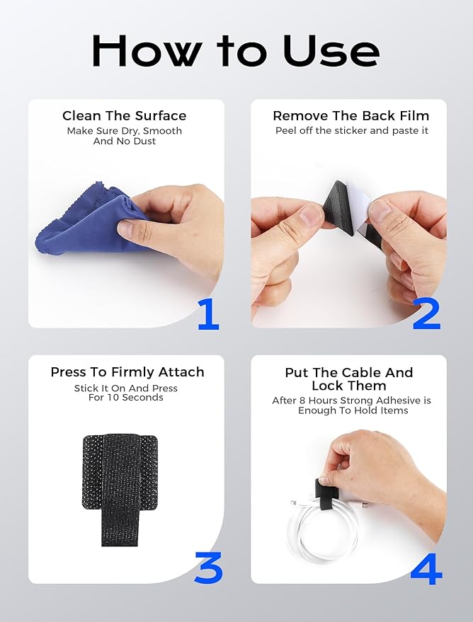 Adhesive Wire Management, 100pcs Hook and Loop Cable Ties, Adjustable Cable Straps, Sticky-Back Cord Organizer for Kitchen Appliances at Office, Home - Black