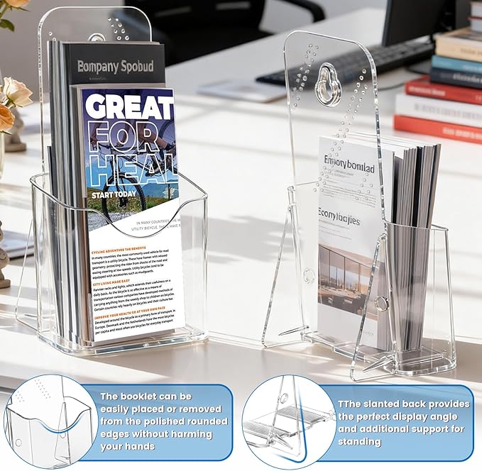 2 Pack 4 inches Brochure Holder Stand, Acrylic Pamphlet Display Stand, Plastic Table Stand Sign Holder with Slant Back Design for office, Store, Booklet, Document, Literature