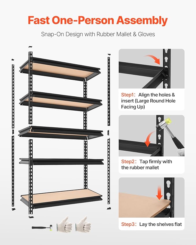 VEVOR Storage Shelves, 5-Tier Adjustable, 3000 lbs Capacity, Heavy Duty Garage Storage Shelving Unit, Metal Utility Rack Shelf, for Kitchen Pantry Basement Bathroom, 36.34" W x 12.17" D x 71.38" H