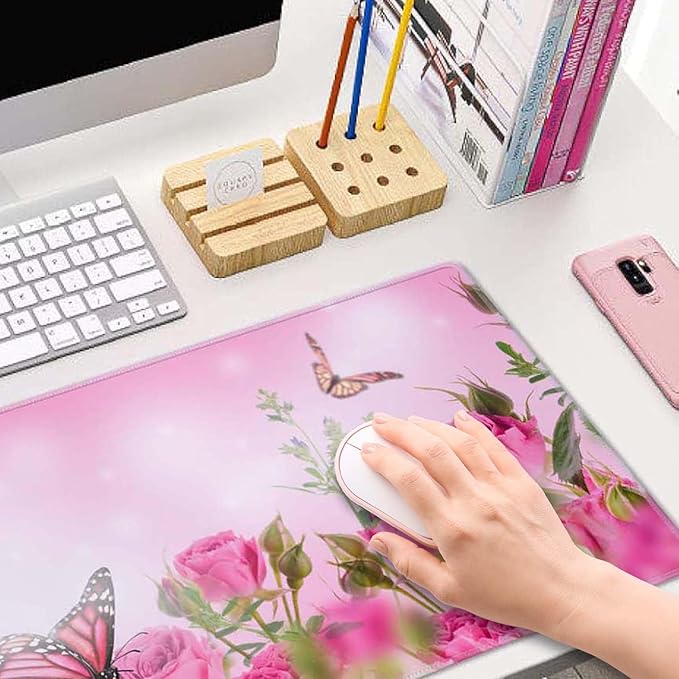Mouse Pad Gaming, Large Mouse Pads for Desk, Keyboard Mouse Mat Desk Pad, Non-Slip Rubber Base with Stitched Edges Mousepad, 31.5x11.8in Roses Butterfly