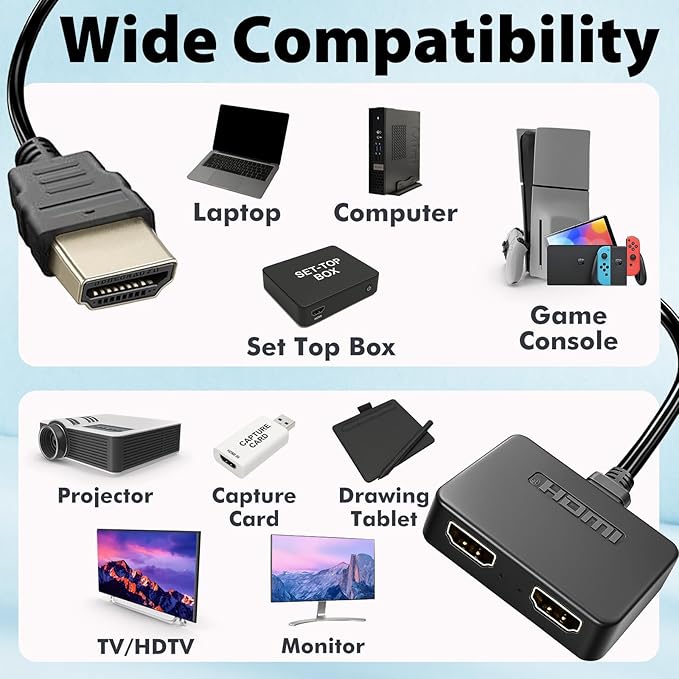 Cyberguys! HDMI Splitter 1 in 2 Out, Mirror Mode Only 4K HDMI Hub 2.0 Video Duplicator with 2.5ft USB Power Cable and Adapter, Supports 4K@60Hz UHD for TV, Monitor, Projector, PS4, Xbox, Blu-Ray