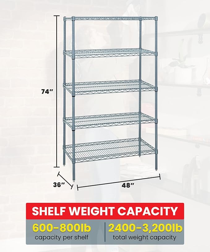 Quantum Storage Systems WR74-3648GY-5 Wire Shelving 5 Shelf Starter Units, 36" x 48" x 74", Gray Epoxy