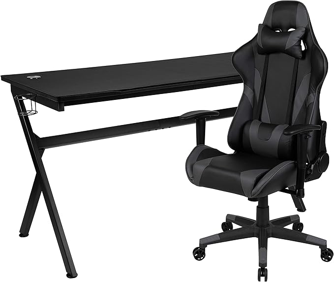 EMMA + OLIVER Black/Gray Gaming Desk Bundle - Cup/Headset Holder/Mouse Pad Top