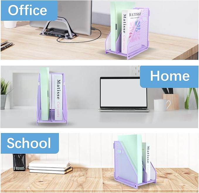 Desk Organizers Metal Magazine File Holder Racks Desktop Folder Storage Binder Organiser Document Organization for Home Office & Classroom,2 Vertical Compartments-Purple