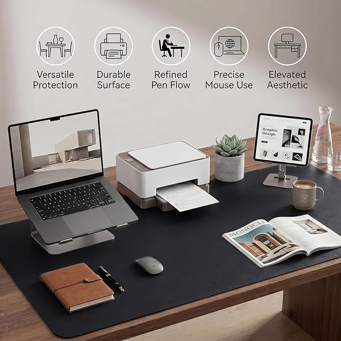 Large Desk Pad Non-Slip Desk Mat Protector for Keyboard Mouse Waterproof Vegan Leather Surface Faux Leather Laptop Mat Smooth Mouse Pad Premium Gift Tube Obsidian Black 31.5" x 15.7"