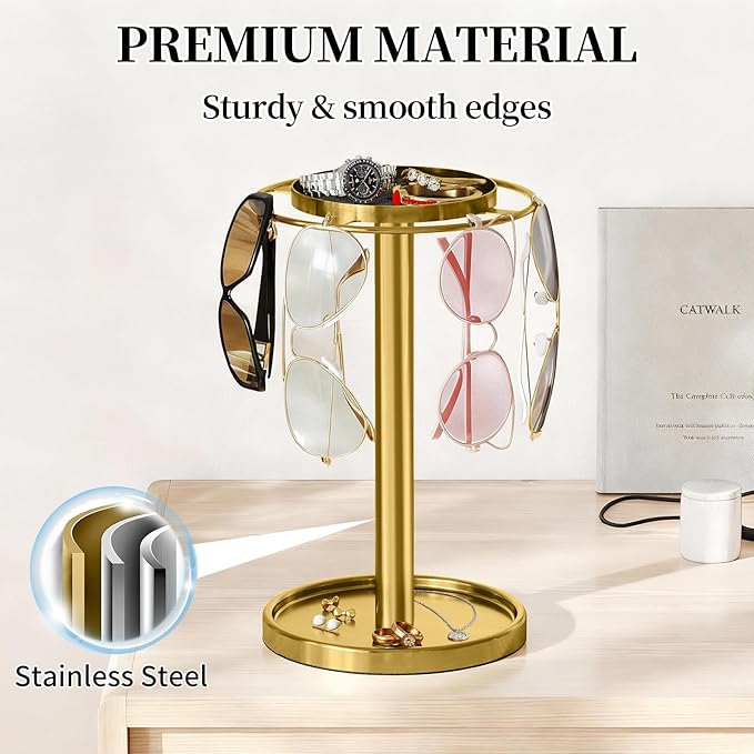 LSK 360° Rotating Sunglasses Organizer, Stainless Steel Glasses Holder Stand with Organizer Tray, Eyeglasses Holder with Storage Base for Dresser, Desk Table, Nightstand & Home Decor, Gold