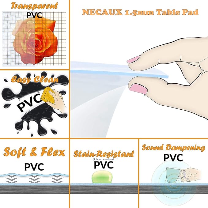 NECAUX Custom Multi-Size 1.5mm Thick Clear PVC Table Cover Protector - 32 x 60 Inch 5 Foot Crystal Clear Waterproof Plastic Vinyl Soft Rectangle Tabletop Cover