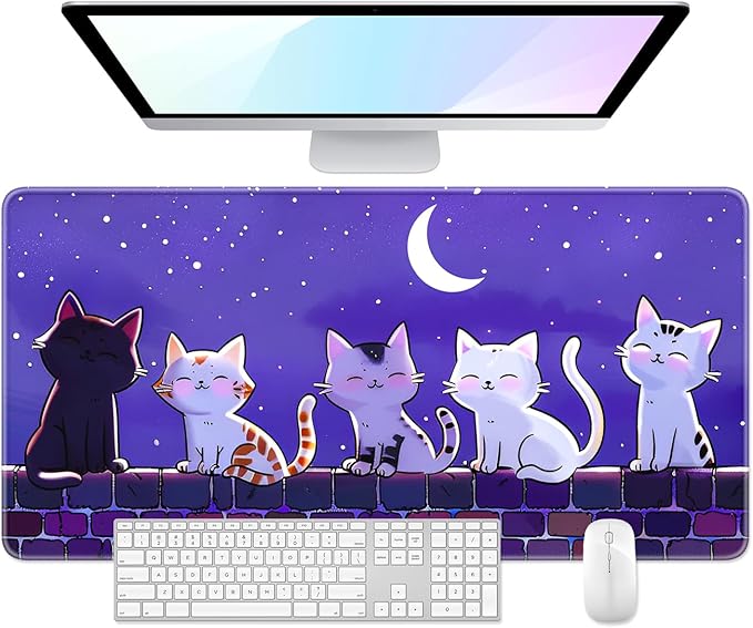Desk Pad, 32" x 16" XXXL Extended Large Gaming Mouse Pad, Desktop Decor Desk Mat, Men Women Office Supplies and Accessories, Cute Anime Mouse Mat for Laptop & Keyboard, Cat and Star Sky