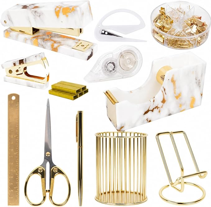 Office Desk Accessories Supplies - 13 Pcs Women Gold Marble Desk Decor Set, Cute Aesthetic Office Essentials Kit, Stapler Tape Dispenser Pen Organizer, Acrylic Mini Teacher Stuff for School Home Work