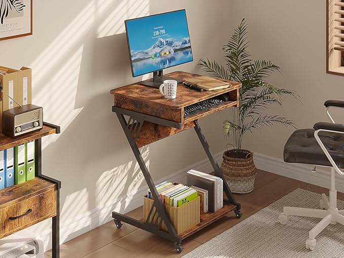 ALISENED 2 Tier Computer Desk with Keyboard Tray, 23.6" Home Office Desk Computer Workstation Rolling Study PC Laptop Table for Small Spaces,Z-Shaped Small Compact Study Table
