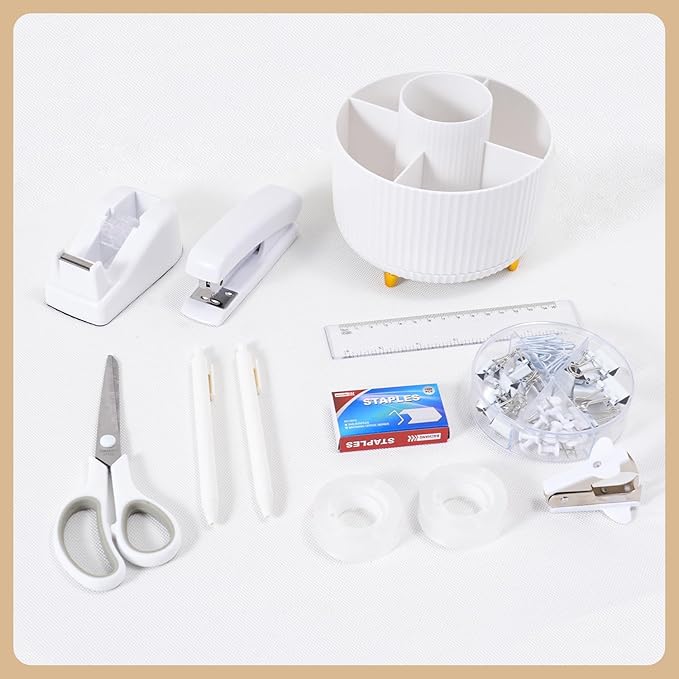 White Desk Accessories 12Pcs Set, Cute Office Supplies Decor for Women, 360° Rotating Pen Holder Organizer with Stapler, Tape Dispenser, Staple Remover, Staples, Tape, Clips Set, Ruler, Scissor, Pen
