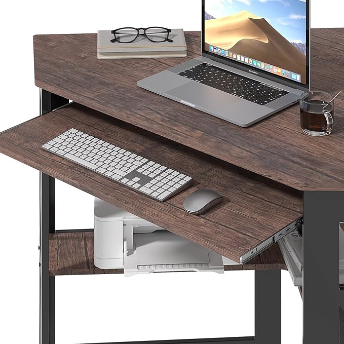 VECELO Corner Desk Computer Desk Writing Table with Smooth Keyboard Tray & Storage Shelves,Compact Home Office Triangle Table,Rustic Brown