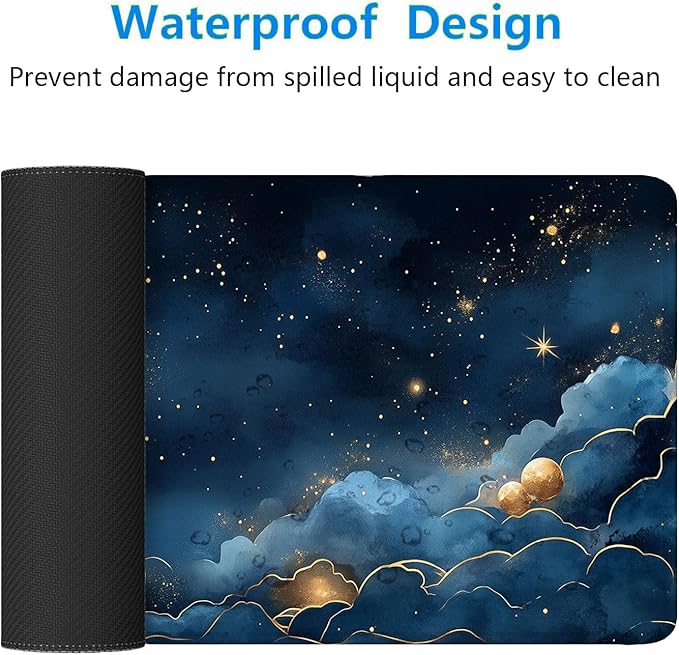 Watercolor Navy Blue Gaming Mouse Pad Celestial Clouds Star Gold Lines Large Gaming Mouse Mat with Stitched Edges,Non-Slip Waterproof Rubber Base Mous Mat 31.5x11.8 Inch
