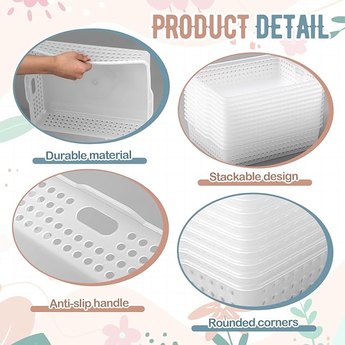 Geetery 12 Pack Classroom Storage Baskets with Handle 14''x10'' Paper Tray Holds A4 Turn in Trays Plastic Paper Baskets Desk Organizer Bin for Classroom, Library, Office, Home (Clear)